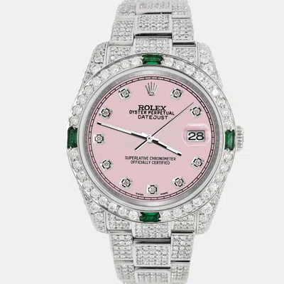 Pre-owned Rolex Datejust 36mm 12.4ct Diamonds Emeralds Bezel Case Bracelet Orchid Pink Diamond Dial Steel Wristwatch