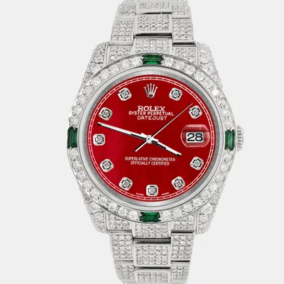 Pre-owned Rolex Datejust 36mm 12.4ct Diamonds Emeralds Bezel Case Bracelet Red Mop Diamond Dial Steel Wristwatch