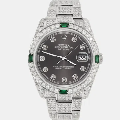Pre-owned Rolex Datejust 36mm 12.4ct Diamonds Emeralds Bezel Case Bracelet Rhodium Gray Diamond Dial Steel Wristwatc In Grey