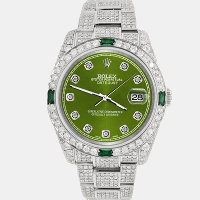 Pre-owned Rolex Datejust 36mm 12.4ct Diamonds Emeralds Bezel Case Bracelet Royal Green Diamond Dial Steel Wristwatch