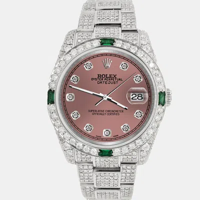 Pre-owned Rolex Datejust 36mm 12.4ct Diamonds Emeralds Bezel Case Bracelet Salmon Diamond Dial Steel Wristwatch In Pink