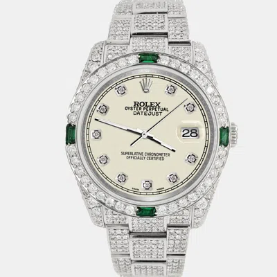 Pre-owned Rolex Datejust 36mm 12.4ct Diamonds Emeralds Bezel Case Bracelet Satin Linen Diamond Dial Steel Wristwatch In Beige