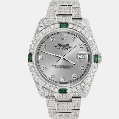 Pre-owned Rolex Datejust 36mm 12.4ct Diamonds Emeralds Bezel Case Bracelet Silver Diamond Dial Steel Wristwatch