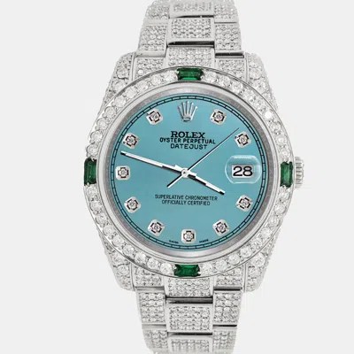 Pre-owned Rolex Datejust 36mm 12.4ct Diamonds Emeralds Bezel Case Bracelet Turquoise Diamond Dial Steel Wristwatch In Blue