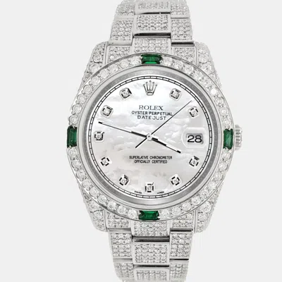 Pre-owned Rolex Datejust 36mm 12.4ct Diamonds Emeralds Bezel Case Bracelet White Mop Diamond Dial Steel Wristwatch