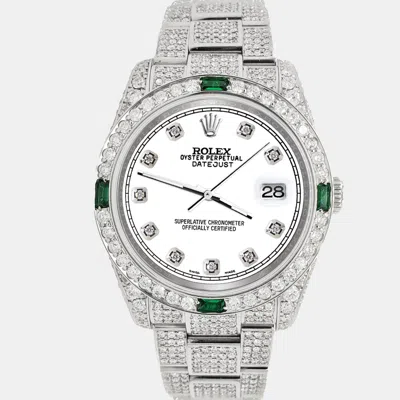 Pre-owned Rolex Datejust 36mm 12.4ct Diamonds Emeralds Bezel Case Bracelet White Pearl Diamond Dial Steel Wristwatch