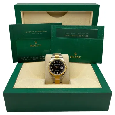 Pre-owned Rolex Datejust 36mm 18k Gold Steel Black Diamond Dial Automatic Watch 126233