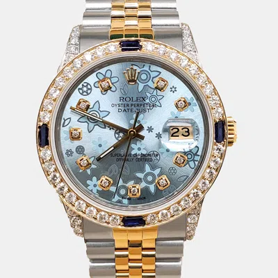 Pre-owned Rolex Datejust 36mm 2.48ct Diamonds Sapphires Bezel Lugs Blue Flower Diamond Dial Yellow Gold Steel Wristw