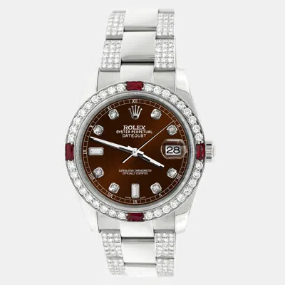 Pre-owned Rolex Datejust 36mm 4.5ct Diamond Bezel Bracelet Chocolate Dial 116200 Steel Wristwatch In Brown