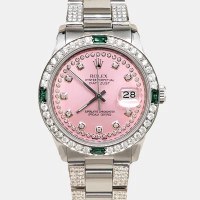 Pre-owned Rolex Datejust 36mm 4.9ct Diamonds Emeralds Bezel Bracelet Orchid Pink Diamond Dial Steel Wristwatch