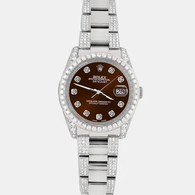 Pre-owned Rolex Datejust 36mm 5.9ct Diamond Bezel Lugs Bracelet Chocolate Dial Steel Wristwatch 116200 In Brown
