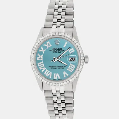 Pre-owned Rolex Datejust 36mm Automatic Stainless Steel Watch W/ Turquoise Roman Dial & Diamond Bezel