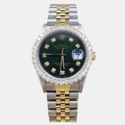 Pre-owned Rolex Customised Green 3ct Diamond 18k Yellow Gold Stainless Steel Datejust Automatic Men's Wristwatch 36m