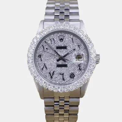 Pre-owned Rolex Datejust 36mm Custom 5ct Diamonds Arabic Dial Automatic Wristwatch In Silver