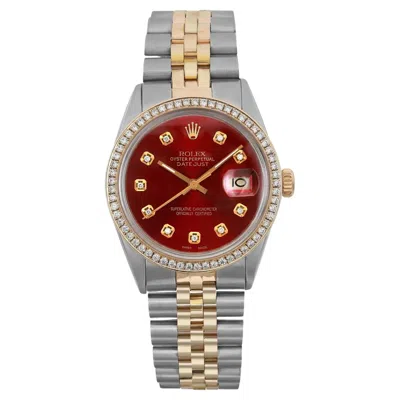 Pre-owned Rolex Datejust 36mm Steel 18k Yellow Gold Custom Diamond Red Dial Watch 16013