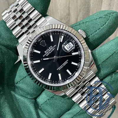 Pre-owned Rolex Datejust 41 Black Index Fluted Bezel 126334 Jubilee Complete Unworn