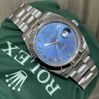 Pre-owned Rolex ?  Datejust 41 Blue Roman Fluted Bezel On Oyster 126334 Complete Unworn ?