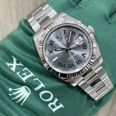 Pre-owned Rolex ?  Datejust 41 Slate Wimbledon 126334 Fluted On Oyster Complete Unworn ?