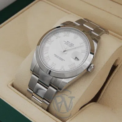 Pre-owned Rolex Datejust 41 Smooth Bezel White Roman Oyster 126300 Complete Unworn