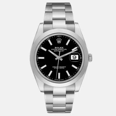Pre-owned Rolex Datejust Black Dial Smooth Bezel Steel Men's Watch 41 Mm