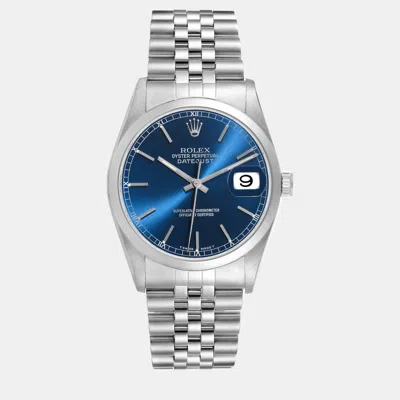 Pre-owned Rolex Datejust Blue Dial Smooth Bezel Steel Men's Watch 36 Mm