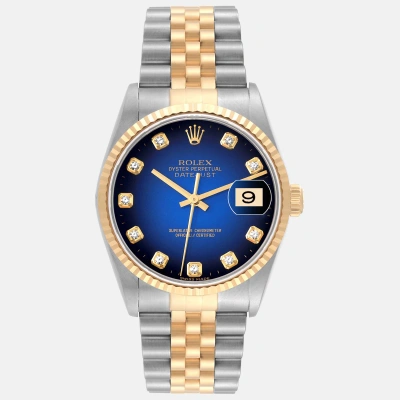 Pre-owned Rolex Datejust Blue Vignette Diamond Dial Steel Yellow Gold Men's Watch 16233 36 Mm