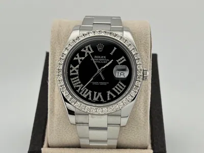 Pre-owned Rolex Datejust Ii 116334 41mm Black Diamond Roman Numerals Diamond Bezel Steel