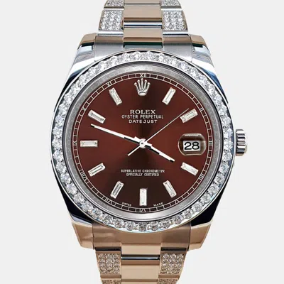 Pre-owned Rolex Datejust Ii 41mm 5ct Diamond Bezel Bracelet Chocolate Baguette Diamond Dial Steel Wristwatch 116300 In Brown