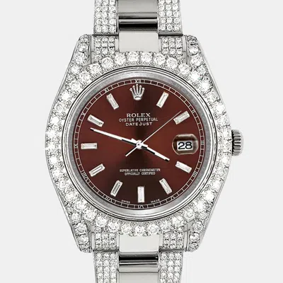 Pre-owned Rolex Datejust Ii 41mm 8.3ct Diamond Bezel Lugs Bracelet Chocolate Baguette Diamond Dial Steel Wristwatch  In Brown