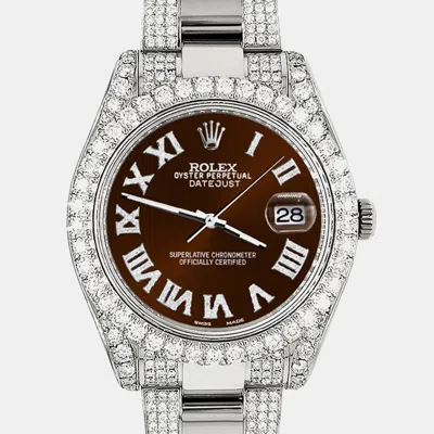 Pre-owned Rolex Datejust Ii 41mm Diamond Bezel Lugs Bracelet Chocolate Roman Dial Steel Wristwatch 116300 In Brown