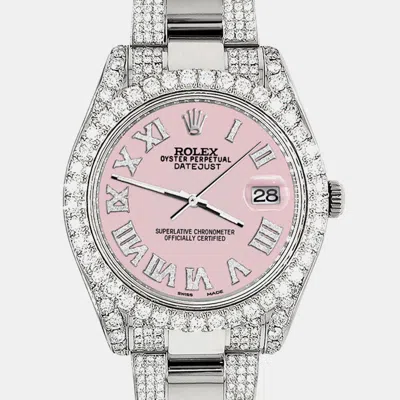 Pre-owned Rolex Datejust Ii 41mm Diamond Bezel Lugs Bracelet Orchid Pink Roman Dial Steel Wristwatch 116300
