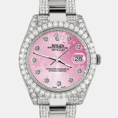 Pre-owned Rolex Datejust Ii 41mm Diamond Bezel Lugs Bracelet Pink Flower Diamond Dial Steel Wristwatch 116300