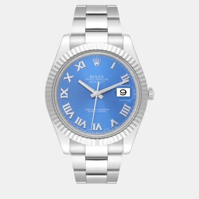 Pre-owned Rolex Datejust Ii Steel White Gold Blue Roman Dial Men's Watch 41 Mm