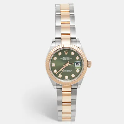 Pre-owned Rolex Datejust M279171-0008 Olive Green Dial Diamond 18k Everose Gold Oystersteel Women's Wristwatch 28 Mm In Silver