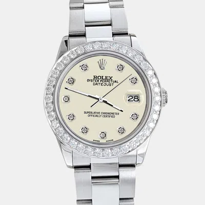 Pre-owned Rolex Datejust Midsize 31mm 1.52ct Bezel Satin Linen Diamond Dial Steel Oyster Wristwatch In Silver
