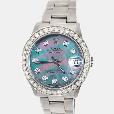 Pre-owned Rolex Datejust Midsize 31mm 1.52ct Bezel Tahitian Diamond Dial Steel Oyster Wristwatch In Green