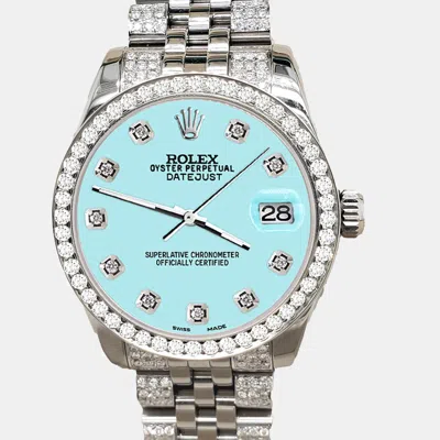 Pre-owned Rolex Datejust Midsize 31mm 3.30ct Diamond Bezel Bracelet Aqua Blue Diamond Dial Steel Wristwatch 178240