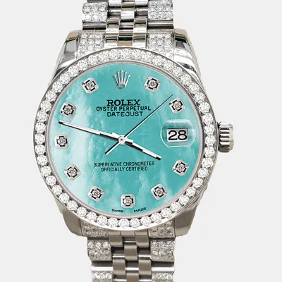 Pre-owned Rolex Datejust Midsize 31mm 3.30ct Diamond Bezel Bracelet Aquamarine Mop Diamond Dial Steel Wristwatch 178 In Blue