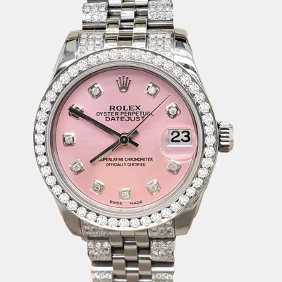 Pre-owned Rolex Datejust Midsize 31mm 3.30ct Diamond Bezel Bracelet Baby Pink Diamond Dial Steel Wristwatch 178240