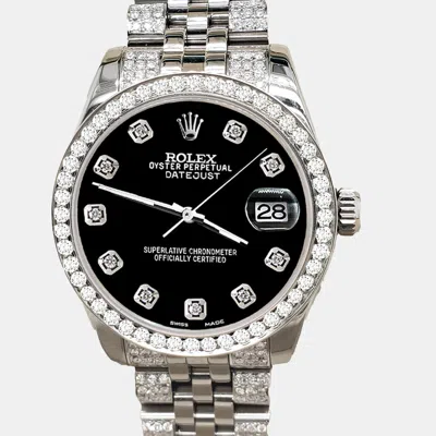 Pre-owned Rolex Datejust Midsize 31mm 3.30ct Diamond Bezel Bracelet Black Diamond Dial Steel Wristwatch 178240