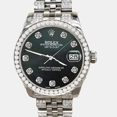 Pre-owned Rolex Datejust Midsize 31mm 3.30ct Diamond Bezel Bracelet Black Mop Diamond Dial Steel Wristwatch 178240