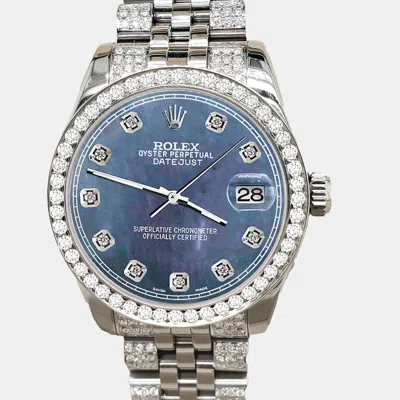 Pre-owned Rolex Datejust Midsize 31mm 3.30ct Diamond Bezel Bracelet Black Pearl Diamond Dial Steel Wristwatch 178240 In Blue