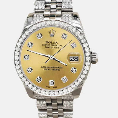 Pre-owned Rolex Datejust Midsize 31mm 3.30ct Diamond Bezel Bracelet Champagne Diamond Dial Steel Wristwatch 178240 In Gold