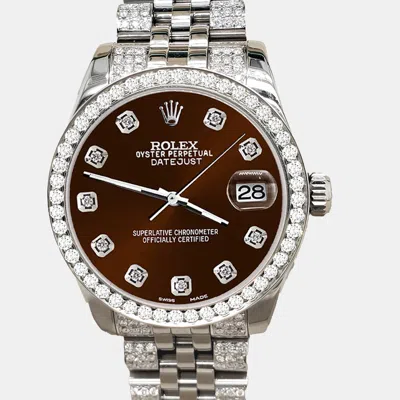 Pre-owned Rolex Datejust Midsize 31mm 3.30ct Diamond Bezel Bracelet Chocolate Diamond Dial Steel Wristwatch 178240 In Brown