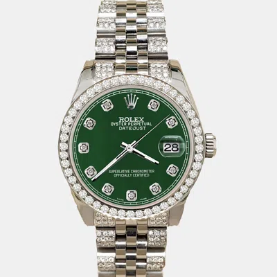 Pre-owned Rolex Datejust Midsize 31mm 3.30ct Diamond Bezel Bracelet Forest Green Diamond Dial Steel Wristwatch 17824