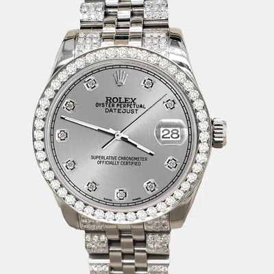 Pre-owned Rolex Datejust Midsize 31mm 3.30ct Diamond Bezel Bracelet Gray Diamond Dial Steel Wristwatch 178240 In Silver