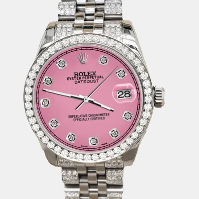 Pre-owned Rolex Datejust Midsize 31mm 3.30ct Diamond Bezel Bracelet Hot Pink Diamond Dial Steel Wristwatch 178240