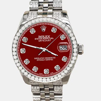 Pre-owned Rolex Datejust Midsize 31mm 3.30ct Diamond Bezel Bracelet Imperial Red Diamond Dial Steel Wristwatch 17824