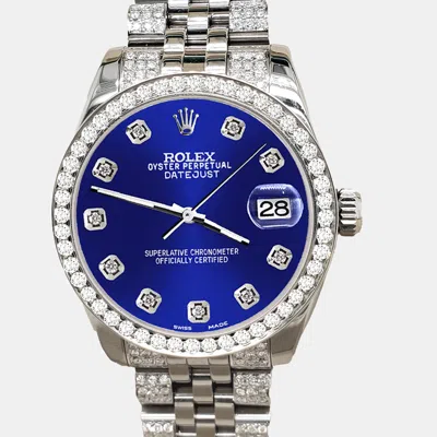 Pre-owned Rolex Datejust Midsize 31mm 3.30ct Diamond Bezel Bracelet Navy Blue Diamond Dial Steel Wristwatch 178240