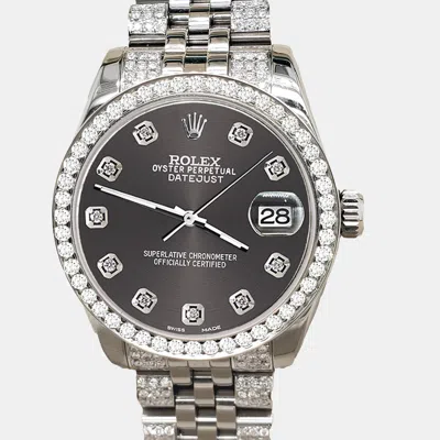 Pre-owned Rolex Datejust Midsize 31mm 3.30ct Diamond Bezel Bracelet Rhodium Gray Diamond Dial Steel Wristwatch 17824 In Grey